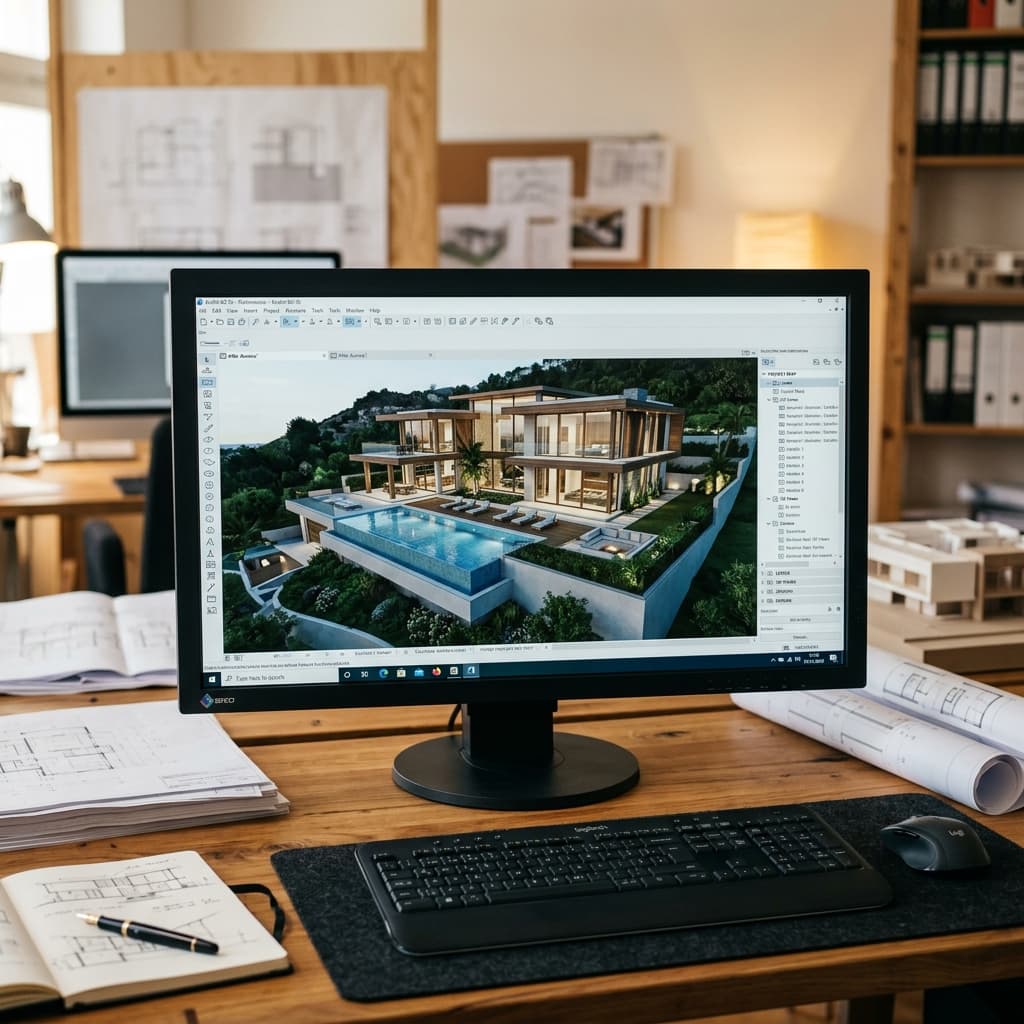 Architectural design rendering on a computer screen
