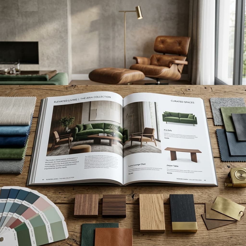 Interior design furniture and fixture catalog with fabric swatches on a table